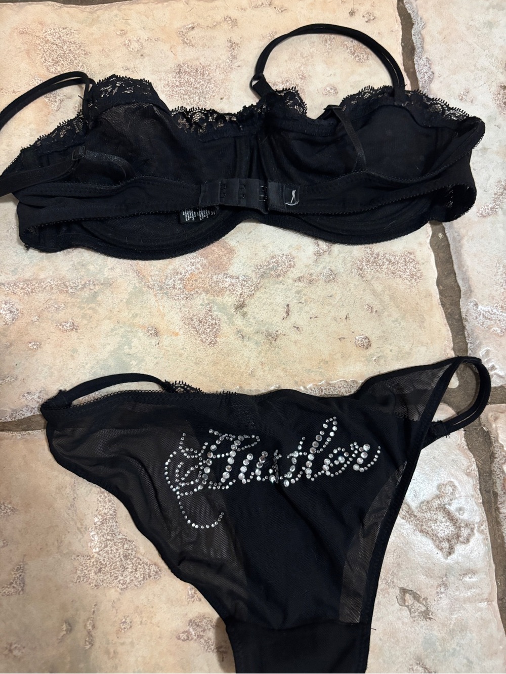 Y2K vintage Hustler rhinestone Black Lace sheer Bra and panty set women’s medium
